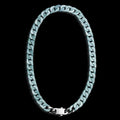 A blue jade Cuban link chain necklace arranged in an oval shape against a solid black background