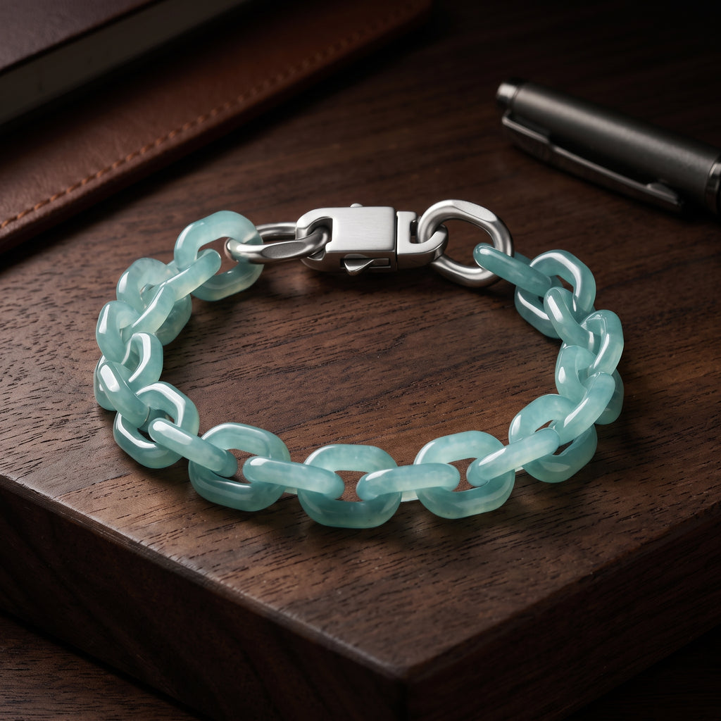 A bracelet made of translucent light aqua jade links connected by silver-toned metal rings and a silver clasp, displayed on a dark wooden surface with a pen and leather item in the background.