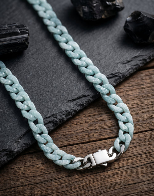 Natural A-grade Jadeite Blue Water Cuban Chain Necklace