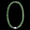 A green Jade cuban link chain necklace with a silver clasp, displayed in an oval shape against a solid black background. 